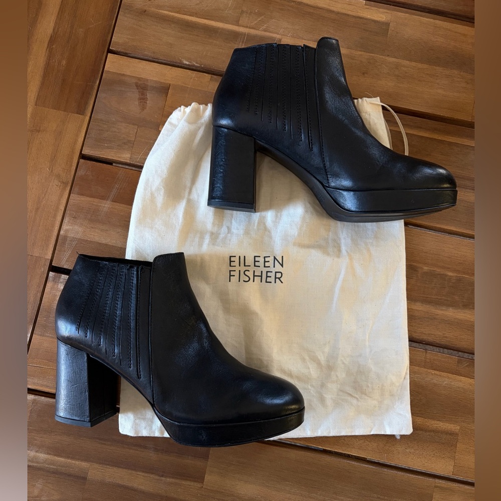 Eileen Fisher Black Leather Platform Ankle Booties